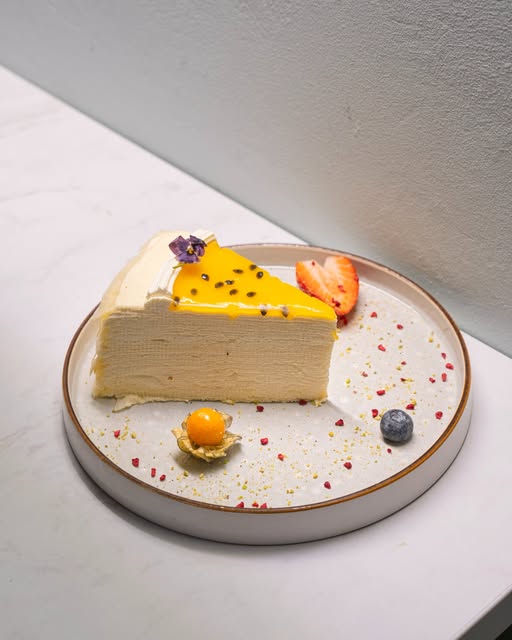 Stück Käsekuchen mit Mango, von oben